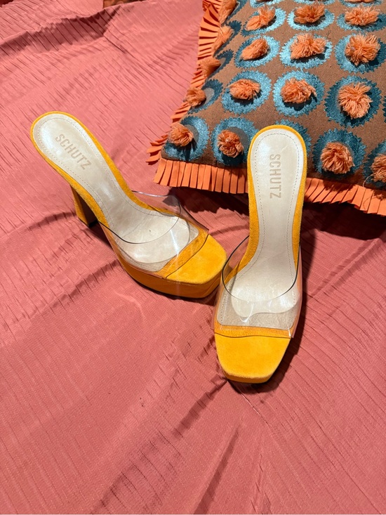 SCHUTZ Shoes - SCHUTZ Yellow Suede Clear Strap Platform Sandals